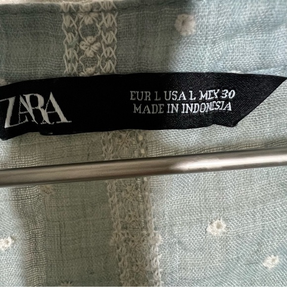 Zara Womens Green Blue Embroidered Blouse Pom Pom Collar Boho Size Large - Picture 7 of 9